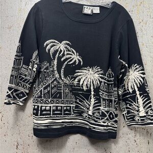Take Two Black/White Front Sequined Palm Tree Graphic Women's Top